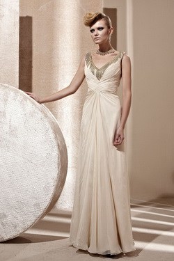 Elegant Cream Silver and Gold V-neck Long Wedding Guest Dress