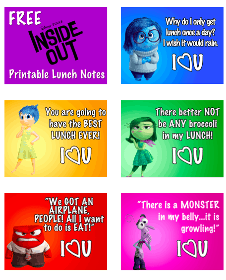 FREE Disney Pixar's Inside Out Lunch Notes