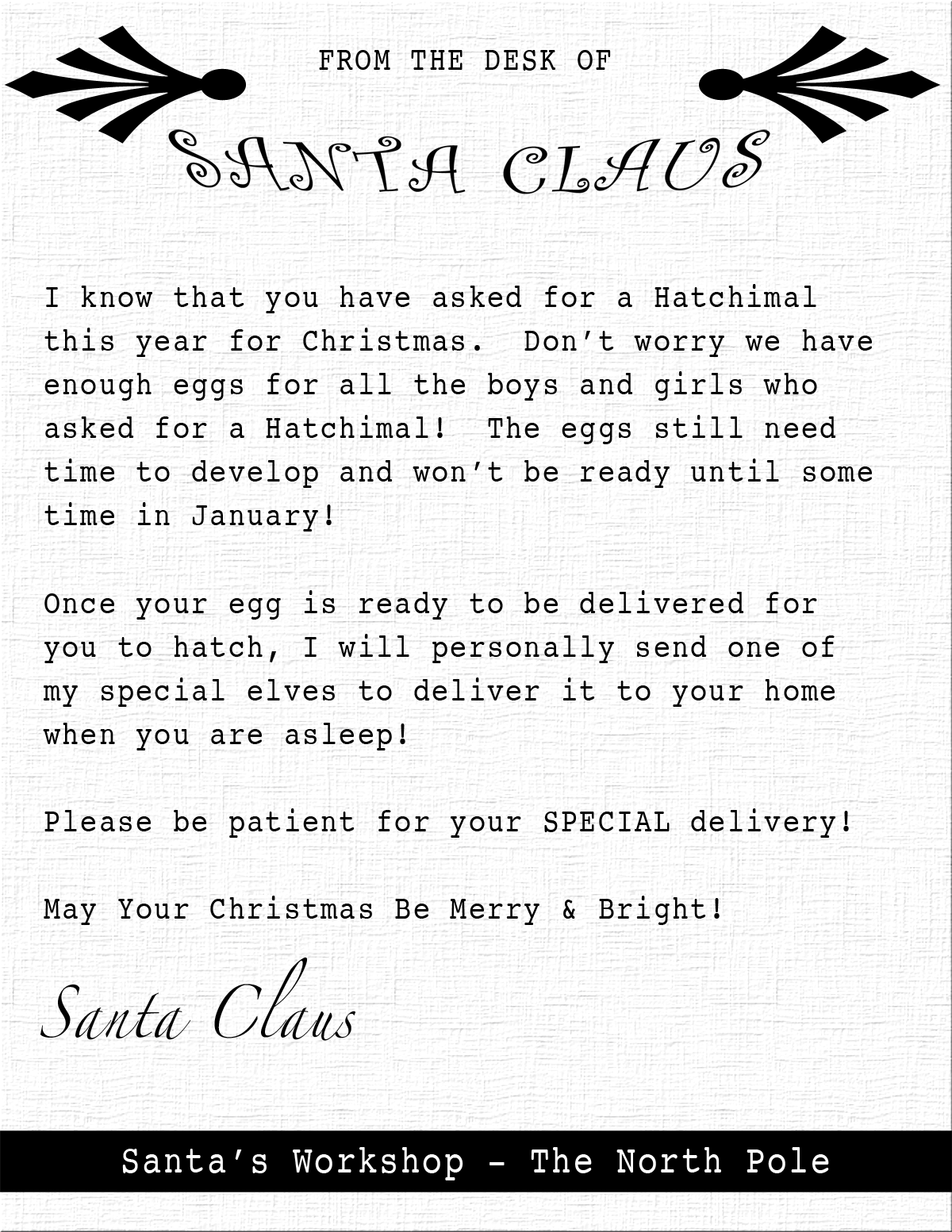 Hatchimals Santa Letter - Free Printable